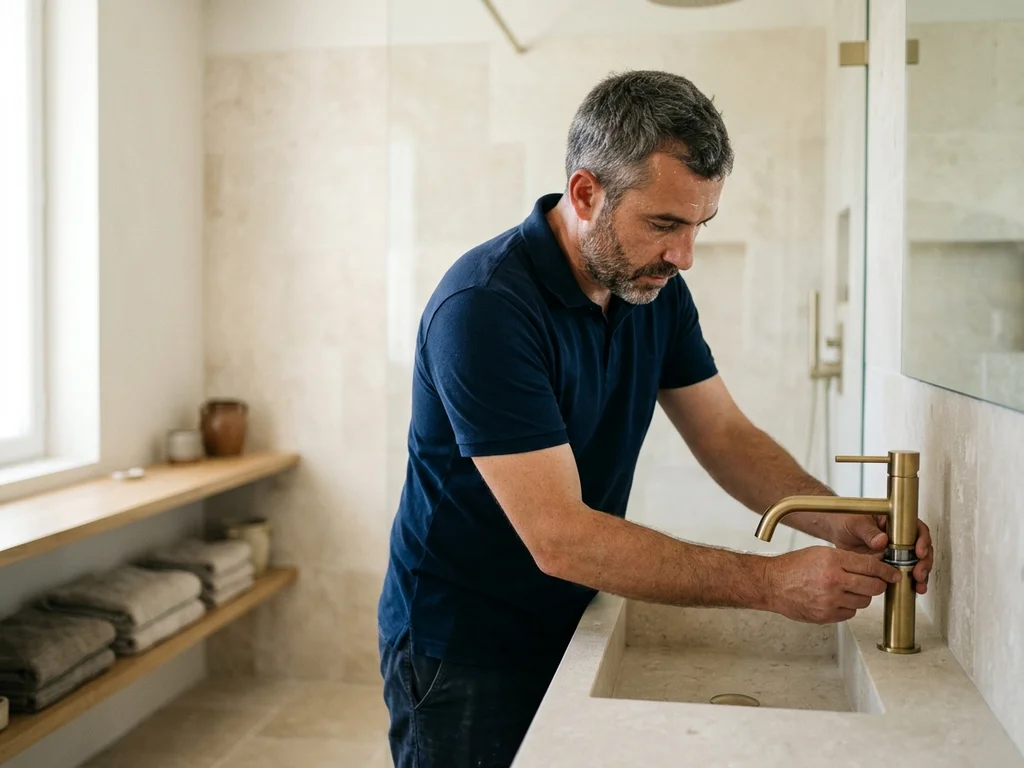Artisan installant une robinetterie dorée dans une salle de bain moderne à Baillargues.