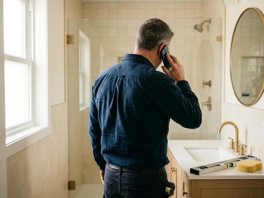 Artisan de dos en pleine discussion téléphonique dans une salle de bain aux finitions dorées.
