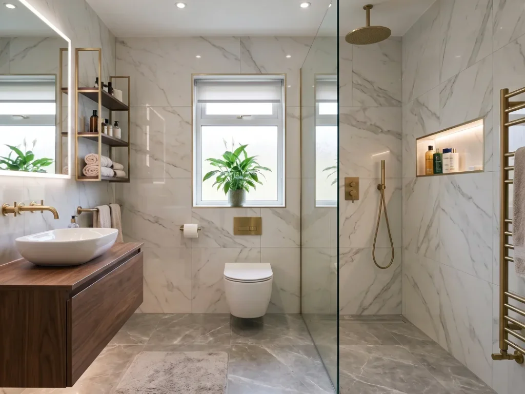 Artisan installant une douche à l'italienne moderne aux finitions dorées pour une rénovation élégante.