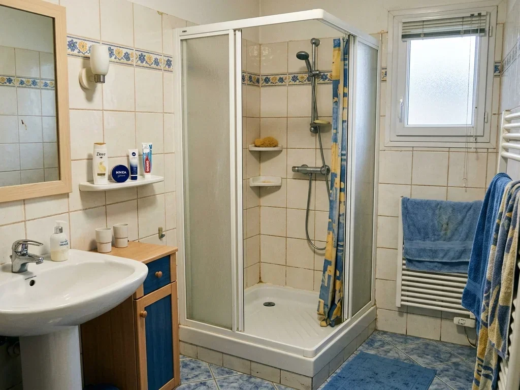 Artisan mesurant une salle de bain ancienne à Mauguio avant sa rénovation complète.