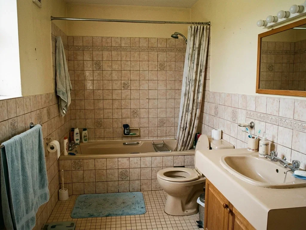 Salle de bain obsolète à Baillargues illustrant le potentiel de transformation avant les travaux.