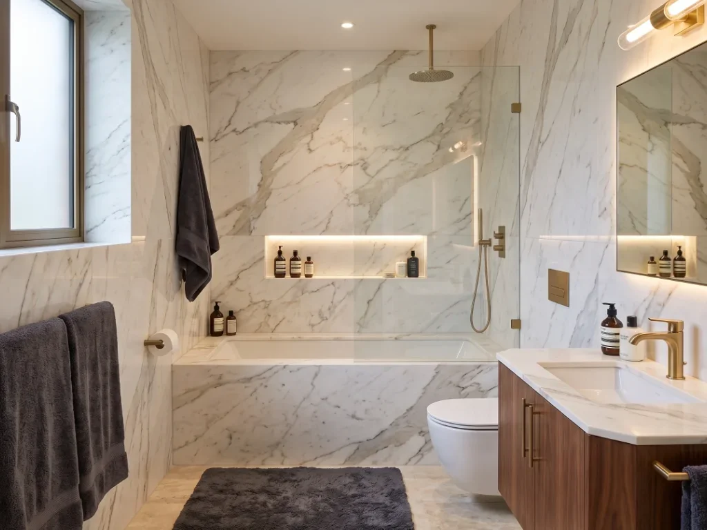 Un artisan inspecte une douche moderne à Baillargues, illustrant la qualité des finitions.