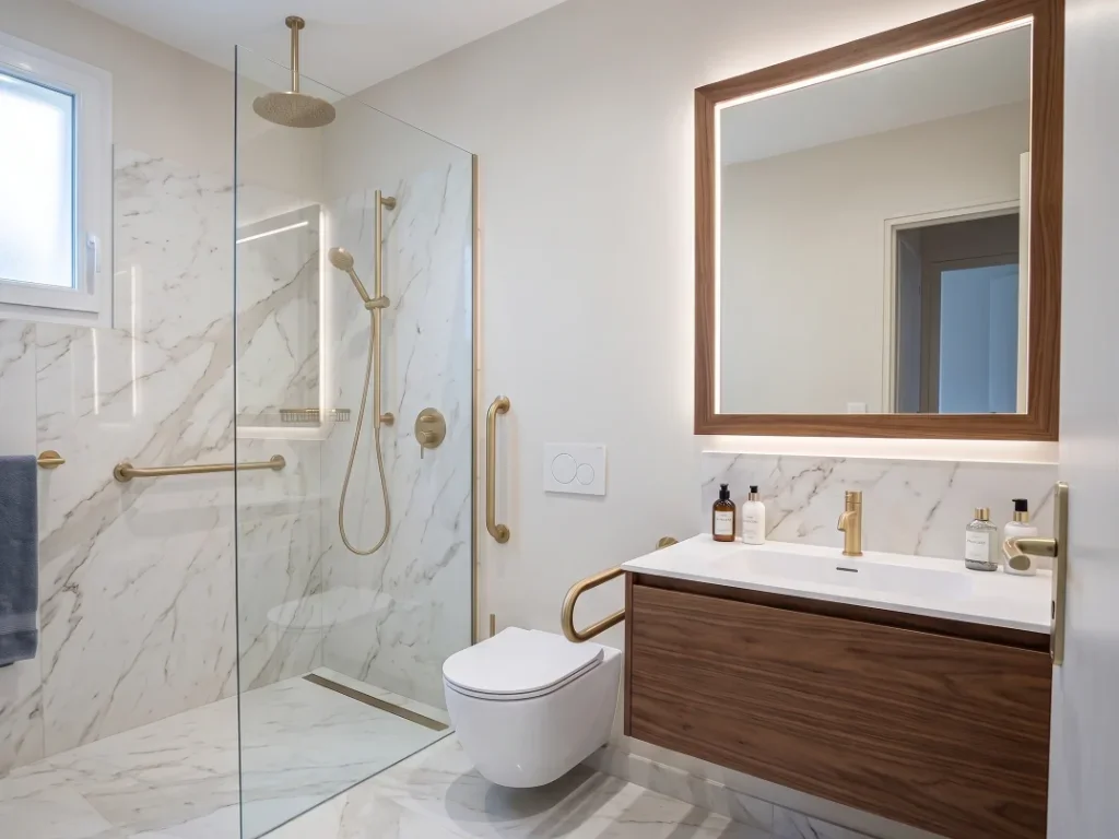 Salle de bain senior sécurisée avec barre d'appui dorée et douche à l'italienne à Pérols.