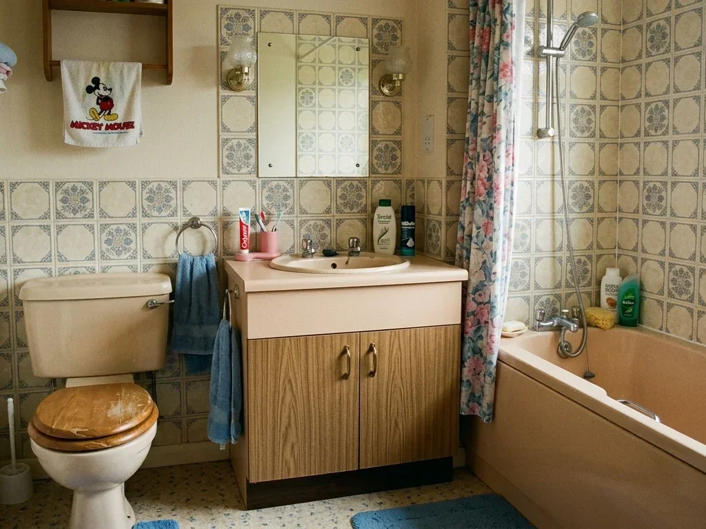 Homme frustré par une robinetterie ancienne illustrant l'inconfort d'une salle de bain vétuste.
