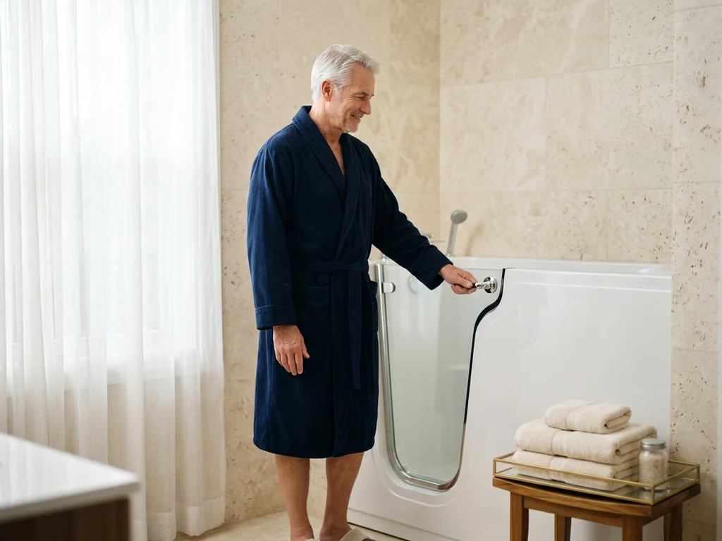 Homme âgé accédant en toute sécurité à une baignoire à porte ergonomique lors d'une rénovation.