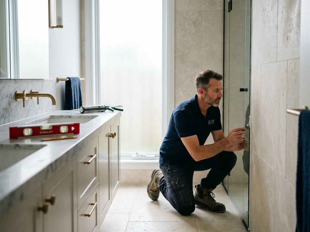 Un artisan examine les finitions soignées d'une salle de bain rénovée à Castelnau-le-Lez.