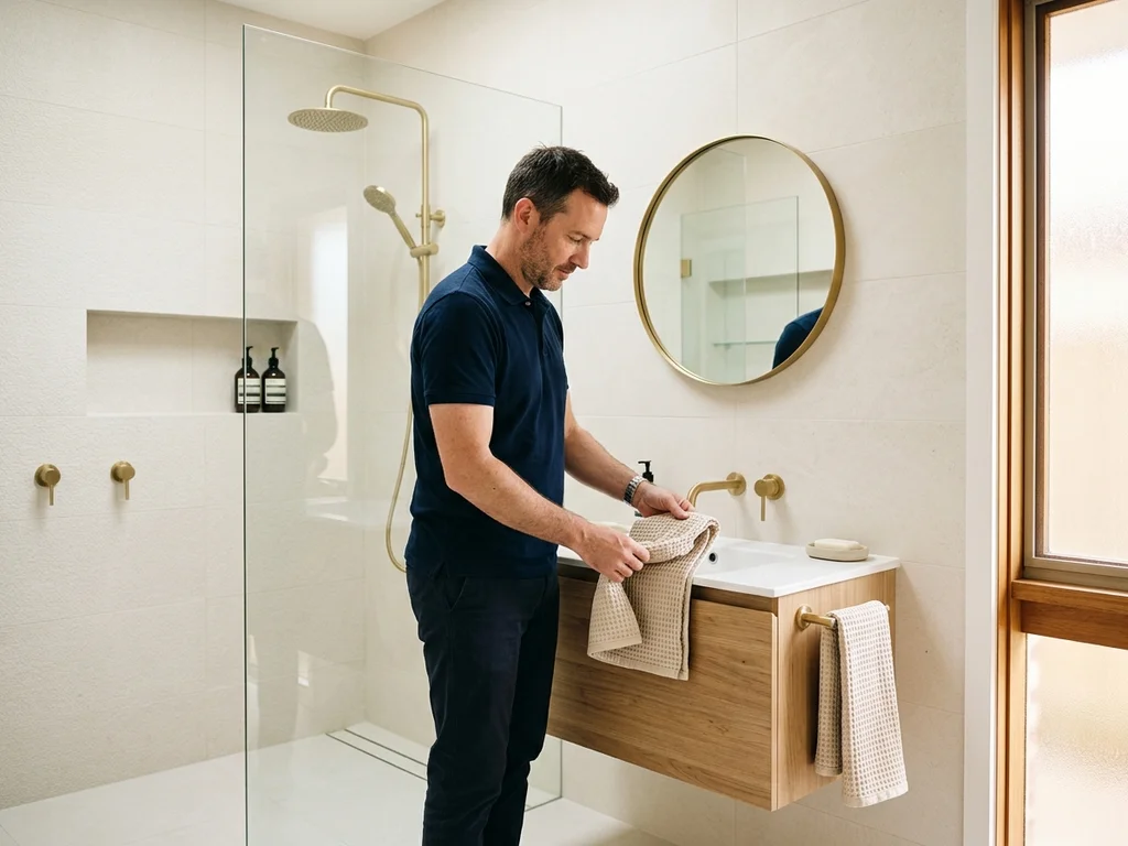 Propriétaire admirant sa nouvelle salle de bain à Lattes avec douche à l'italienne et finitions élégantes.
