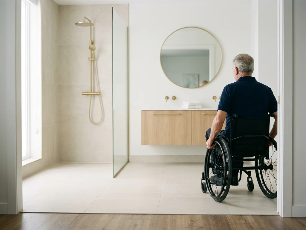 Homme en fauteuil roulant accédant à une salle de bain ergonomique et sécurisée sans seuil.